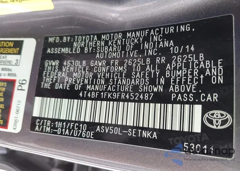 2015 Toyota Camry Le из США, поврежденный, VIN 4T4BF1FK9FR452487